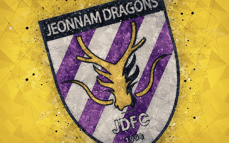 Jeonnam Dragons FC logo, geometric art, emblem, yellow abstract background, South Korean professional football club, K League 1, Kwangyang, South Korea, football, creative art, HD wallpaper