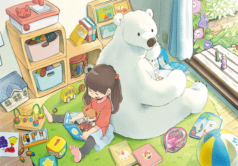  Anime, niña, oso polar, Fondo de pantalla HD