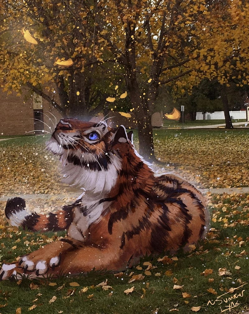 Calm Tiger, autumn, happy, leaves, orange, purple eyes, sunny, HD phone wallpaper
