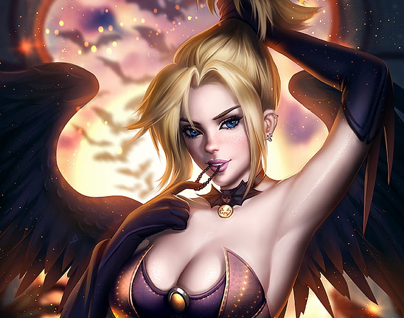 Halloween Party Mercy, overwatch, wings, luminos, halloween, angel, fire, fantasy, girl, ayyasap, feather, party, mercy, HD wallpaper