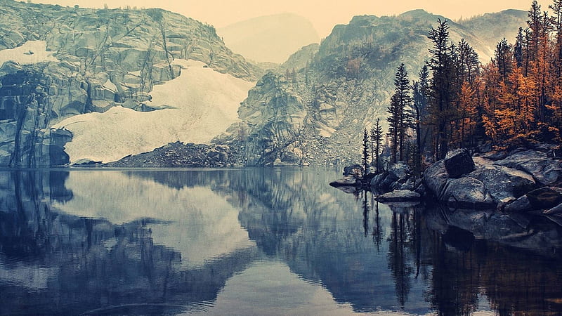 gray lake in late fall, rocks, autumn, gray, mountains, trees, lake, HD wallpaper