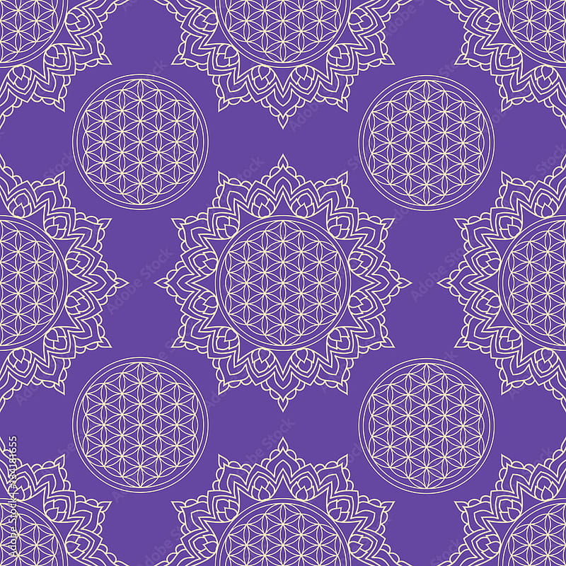 Seamless pattern with a gold symbol of the Flower of Life in the frame of the mandala. Sacred Geometry on a purple background. The ancient symbol of the Seed of Life. Stock, HD phone wallpaper