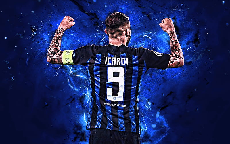 Icardi, back view, Internazionale FC, argentine footballers, forward, Serie A, Mauro Icardi, football, soccer, Italy, neon lights, Inter Milan FC, HD wallpaper