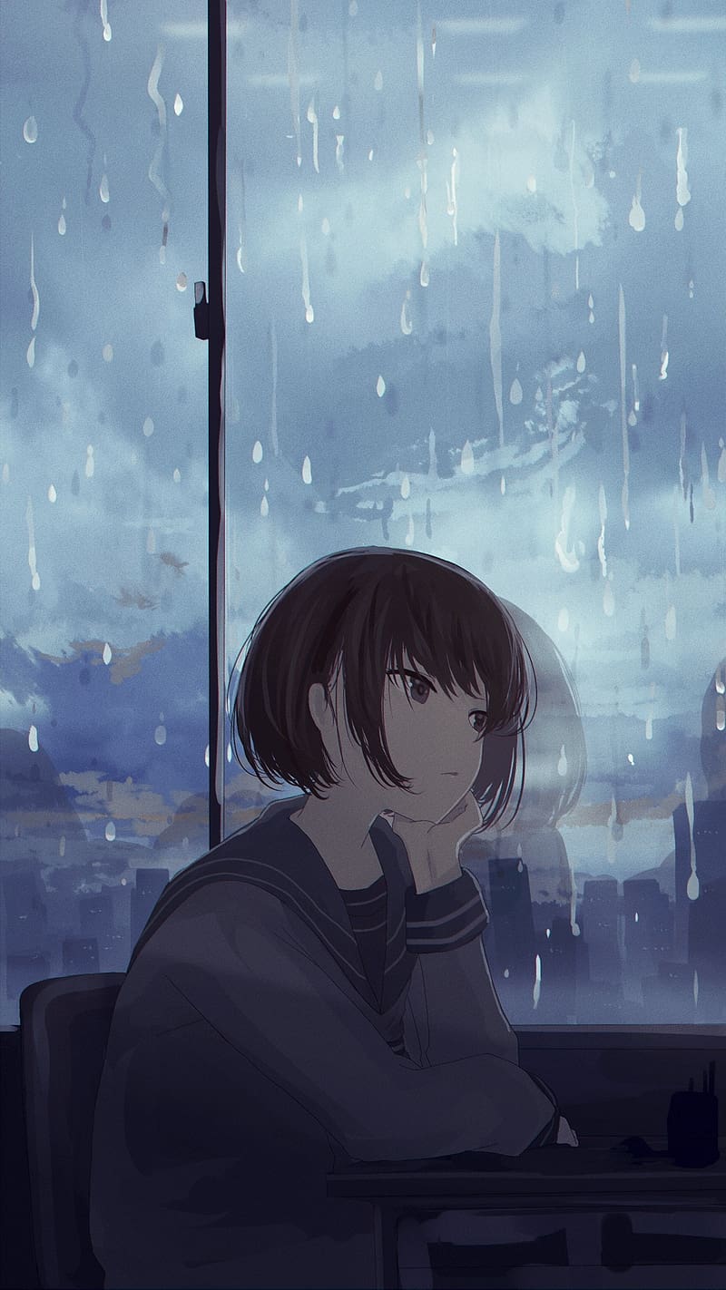 Anime Sad Girl, Sitting Besides Window, animation, HD phone wallpaper