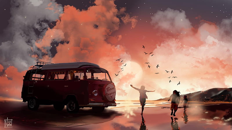 Anime, Original, Bus, Cloud, Sky, Sunset, HD wallpaper
