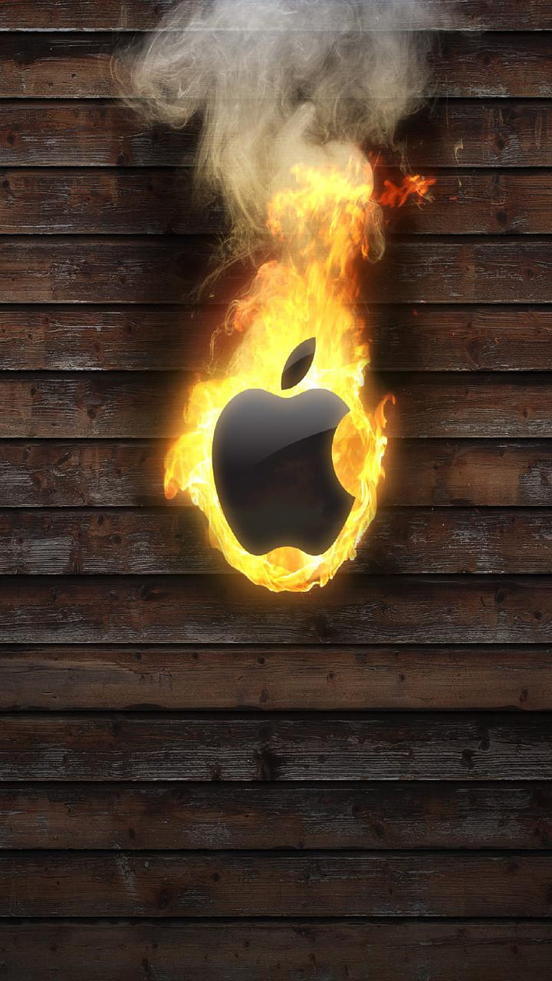 Burning Apple, fire, iphone, wood, HD phone wallpaper