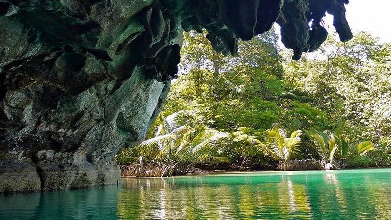 View from Inside Emerald Cavern in the Phillipines, oceans, caverns, beaches, nature, trees, Phillipines, caves, HD wallpaper