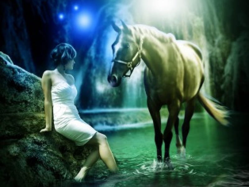Bath for two, water, horse, woman, light, HD wallpaper
