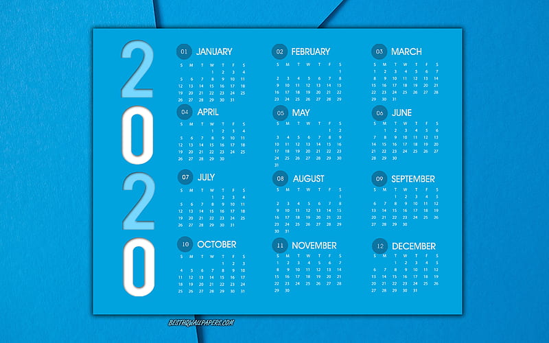 Blue 2020 Calendar, light blue abstract background, 2020 calendar for all months, 2020 Year concepts, creative art, HD wallpaper