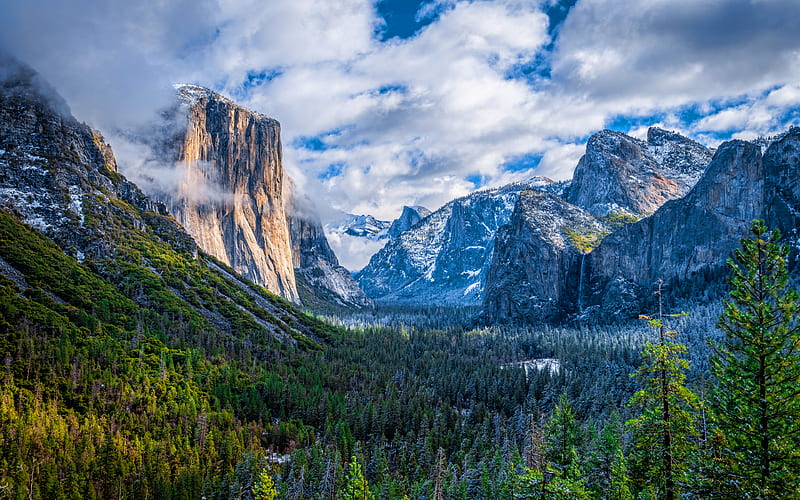 Yosemite Valley, winter, mountain landscape, forest, valley, Yosemite National Park, american landmarks, beautiful nature, Sierra Nevada, USA, America, HD wallpaper
