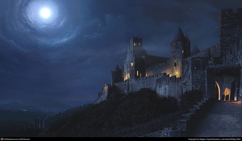 Castle at Night, moon, castle, night, star, HD wallpaper