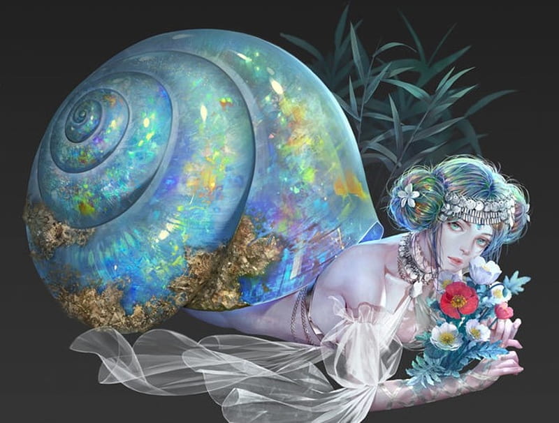 Snail Girl, pretty, fantasy woman, female, snail, colors, abstract, woman, sweet, cute, fantasy, blue hair, shell, flowers, beauty, lady, blue, HD wallpaper
