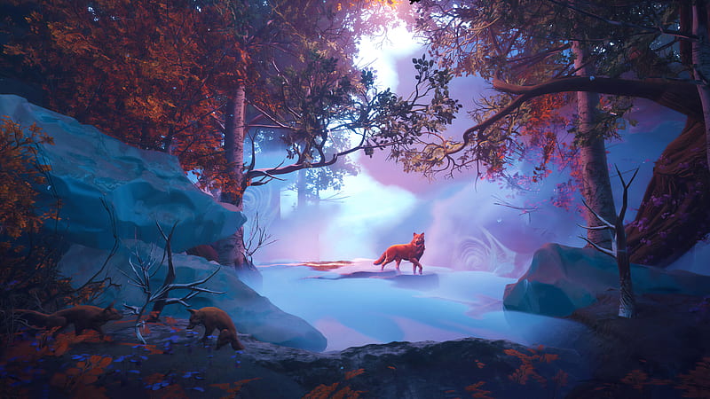 Wolf In Red Magical Woods , wolf, forest, artist, artwork, digital-art, artstation, HD wallpaper