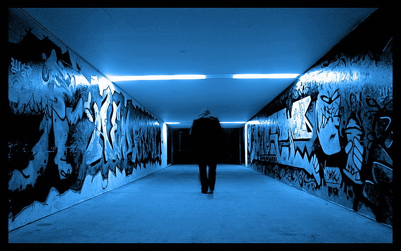 Hallwaytti, grafitti, brooding, hall, blue, HD wallpaper