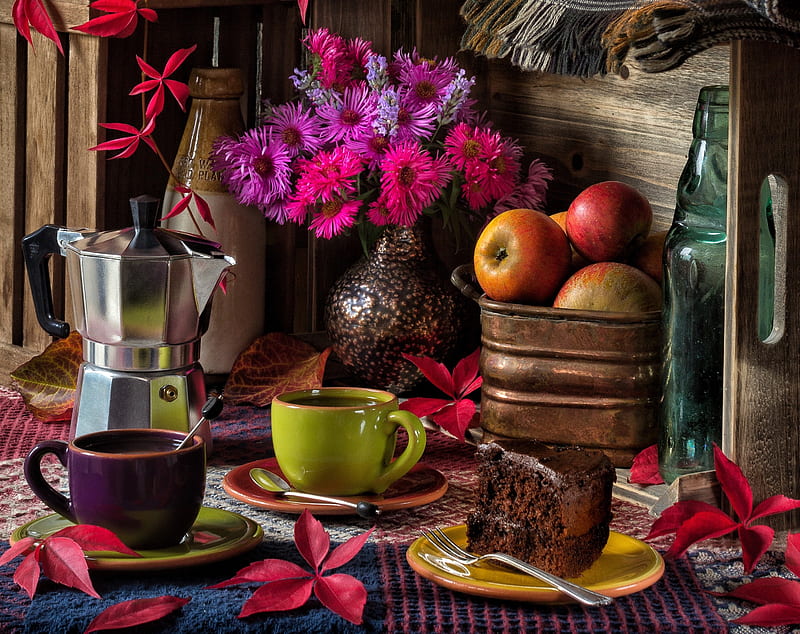 Still life with Coffee Pot, Coffee, Mugs, Apples, Cake, Leaves, Flowers, HD wallpaper