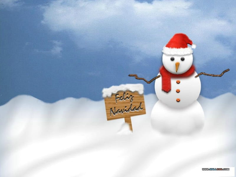 Feliz Navidad, christmas, snow, spanish writing, scarf, santa cap, sign, snowman, HD wallpaper