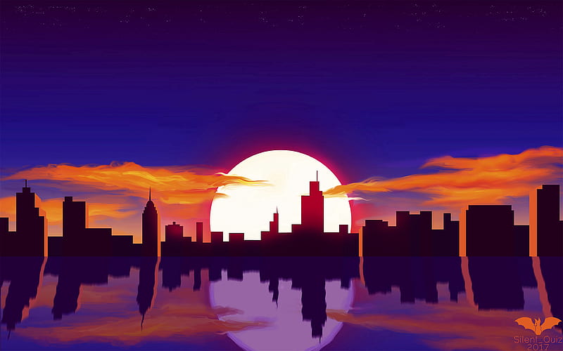 city, sun, sunset, reflection, art, vector, HD wallpaper