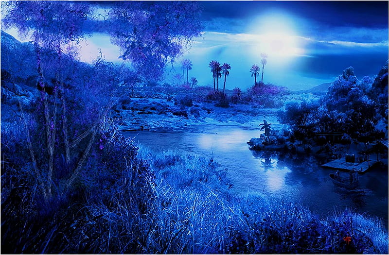 Noche de azul, fantasia, color, blue, vista, HD wallpaper