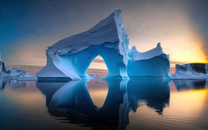 Antarctica Blue Glacier Ocean Sunset Landscape, HD wallpaper