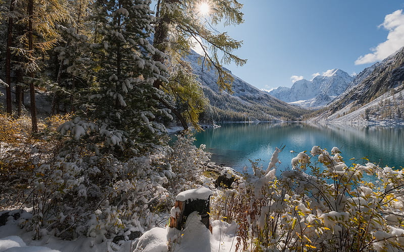 mountain lake, winter, snow, glacier lake, forest, Russia, mountains, HD wallpaper