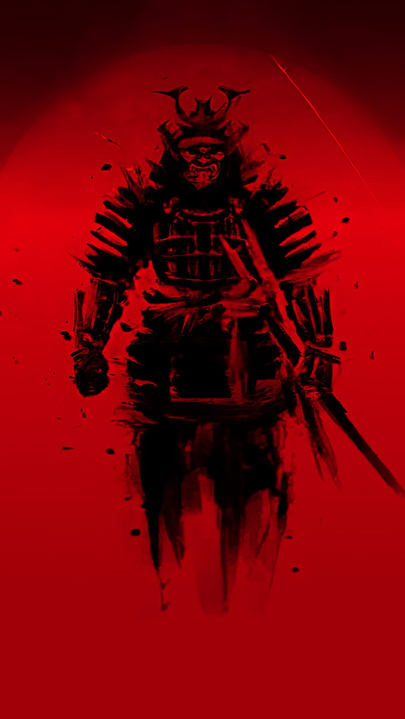samurai, red, japan, digital art, smartphone, red background, vertical, HD phone wallpaper