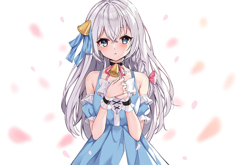 shy expression, anime girl, white hair, blushes, blue dress, petals, Anime, HD wallpaper