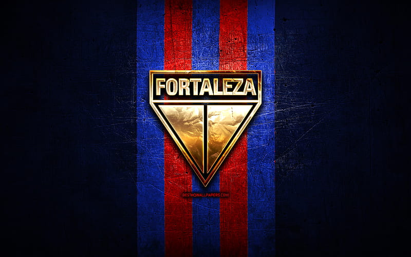 Fortaleza FC, golden logo, Serie A, blue metal background, football, Fortaleza EC, brazilian football club, Fortaleza FC logo, soccer, Brazil, HD wallpaper
