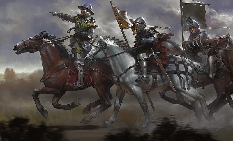medieval knights, horses, battle, riding, artwork, flags, armor, Fantasy, HD wallpaper