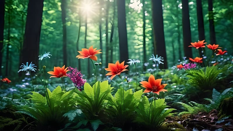 Flowers in the forest, Forest, Nature, Flowers, Morning, HD wallpaper