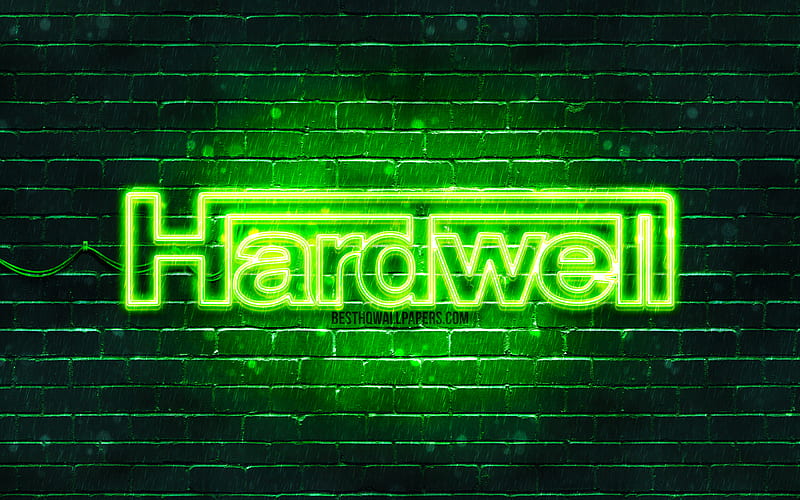 Hardwell green logo superstars, dutch DJs, green brickwall, Hardwell logo, Robbert van de Corput, Hardwell, music stars, Hardwell neon logo, HD wallpaper