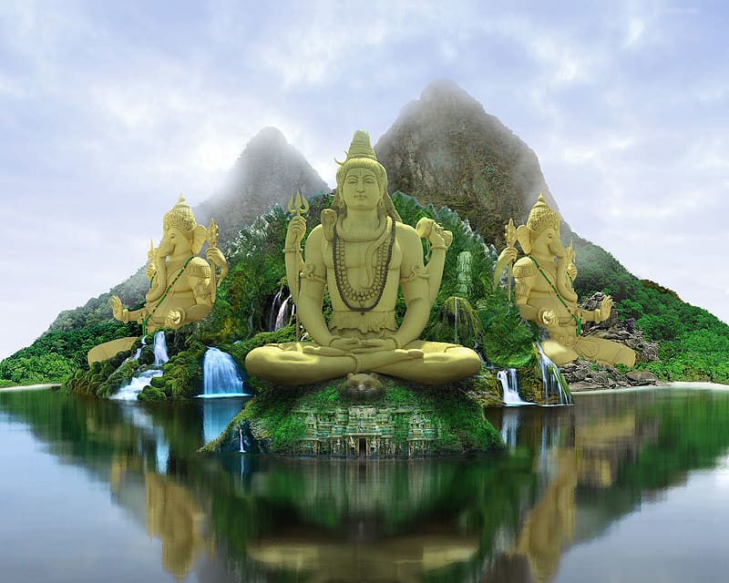 Fantasy, Waterfall, 3D, Island, Temple, Religion, Hinduism, Religious, Shiva, Lord Ganesh, Temple Of Shiva, HD wallpaper