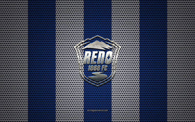 Reno FC logo, American soccer club, metal emblem, blue and white metal mesh background, Reno FC, USL, Reno, Nevada, USA, soccer, HD wallpaper