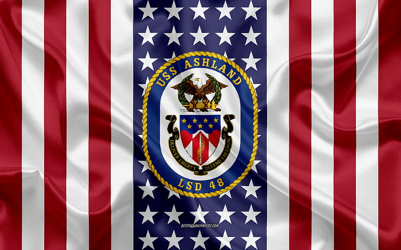 USS Ashland Emblem, LSD-48, American Flag, US Navy, USA, USS Ashland Badge, US warship, Emblem of the USS Ashland, HD wallpaper