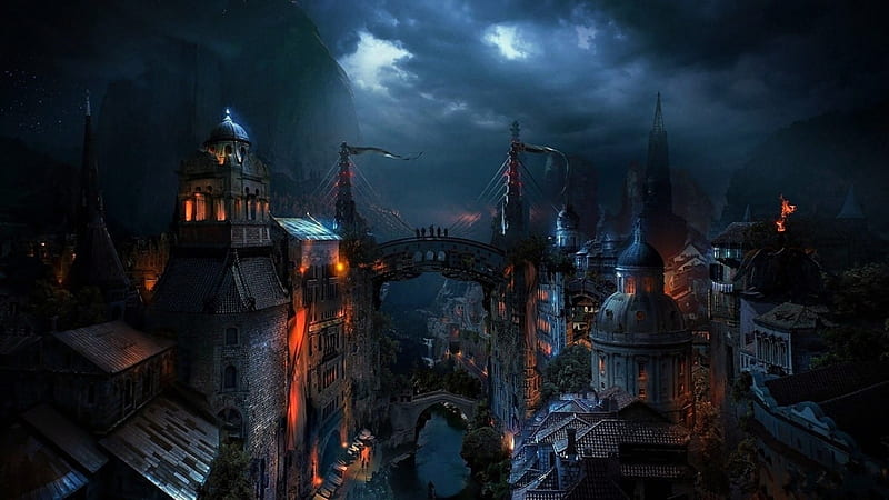 'Dark medieval city'....., city, eerie, medieval, dark, HD wallpaper