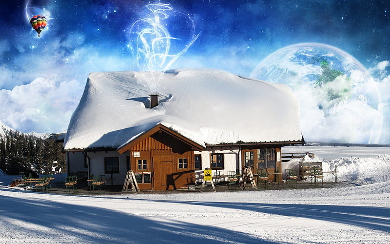Fantasy Winter Cabin, hot air balloon, cold weather, winter cabin, cabin, icy cold, HD wallpaper