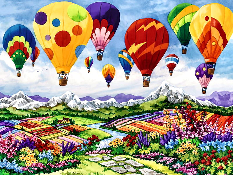 Spring is in the Air F1, art, flight, bonito, hot air balloons, spring, illustration, artwork, mountains, balloons, painting, wide screen, flowers, scenery, aviation, landscape, HD wallpaper