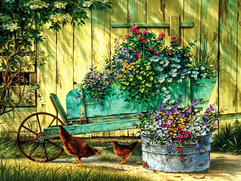 Spring Social, lovely still life, draw and paint, lovely, love four seasons, spring, hen, paintings, wagon, flowers, nature, HD wallpaper