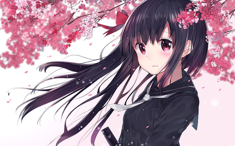 anime characters, art, sakura, garden, pink flowers, japanese manga, HD wallpaper