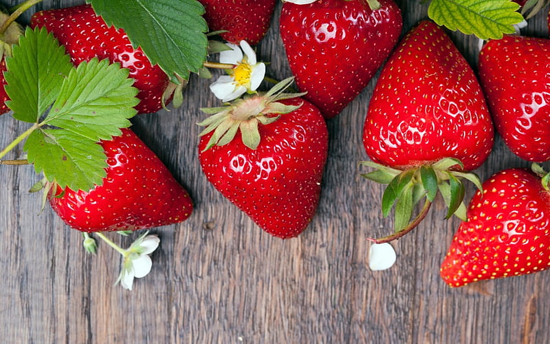 Strawberries, red, strawberry, food, sweet, dessert, fruit, green, flower, wood, HD wallpaper