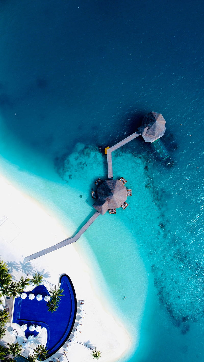 beach, sea, bungalow, aerial view, tropical, HD phone wallpaper