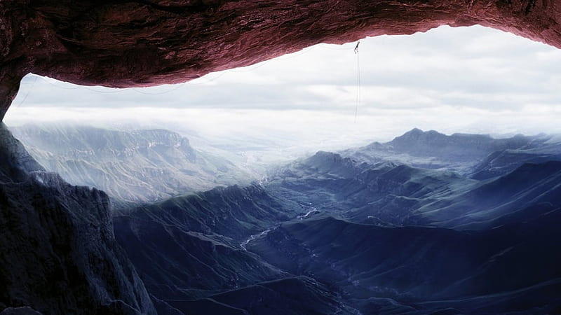 unbelievable cliff climbing, view, mountains, climber, cliff, valley, HD wallpaper