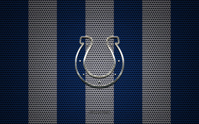 Indianapolis Colts logo, American football club, metal emblem, white-blue metal mesh background, Indianapolis Colts, NFL, Indianapolis, Indiana, USA, american football, HD wallpaper