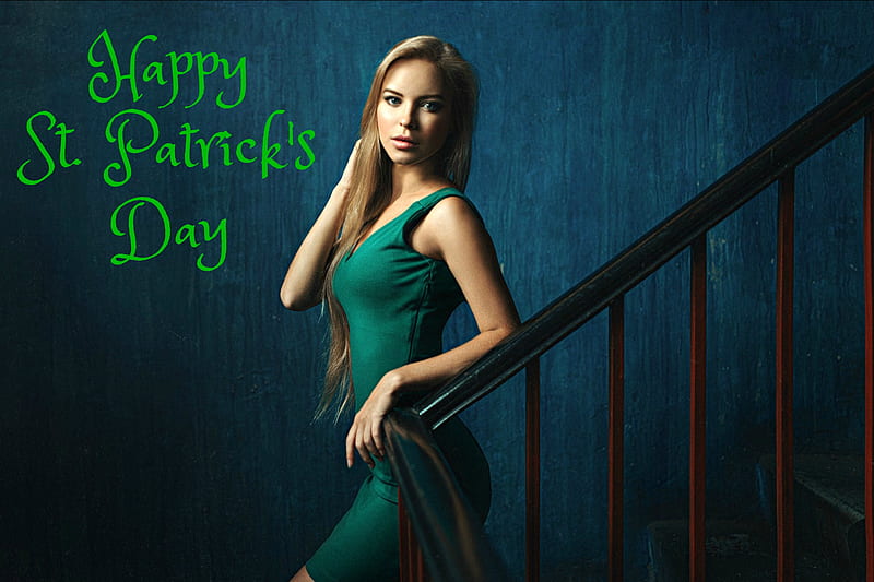 Happy St. Patrick's Day, blonde, pretty, dress, model, HD wallpaper