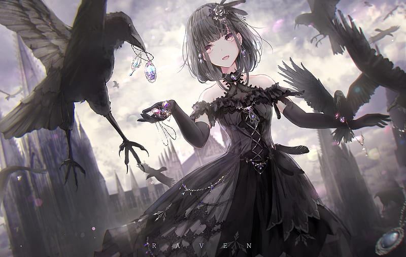 gothic anime girl, ravens, darkness, lolita fashion, jewelry, diamonds, HD wallpaper