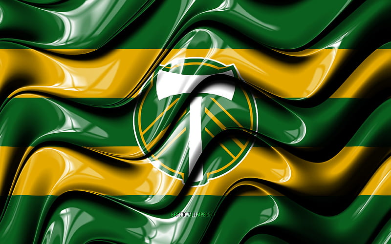 Portland Timbers flag green and yellow 3D waves, MLS, american soccer team, football, Portland Timbers logo, soccer, Portland Timbers FC, HD wallpaper