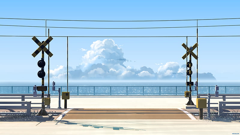 anime landscape, train station, scenery, ocean, clear sky, Anime, HD wallpaper