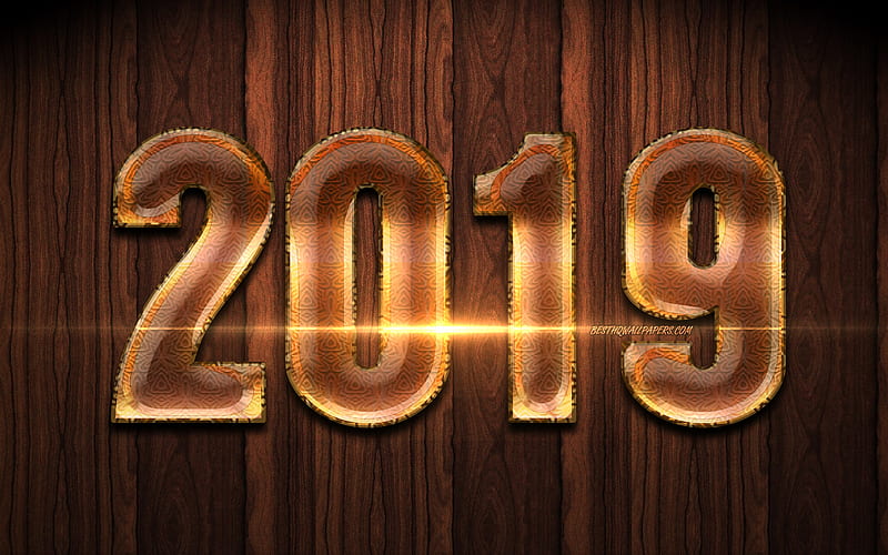 2019 brown glass digits, Happy New Year 2019, wooden background, brown digits, 2019 glass art, 2019 concepts, 2019 on wooden background, 2019 year digits, HD wallpaper