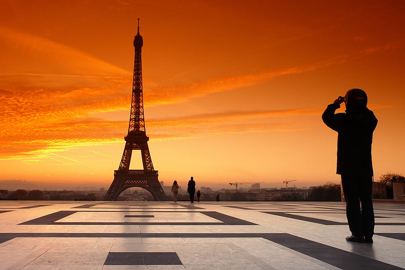 Eiffel tower, sunset, abstract, orange, cg, HD wallpaper