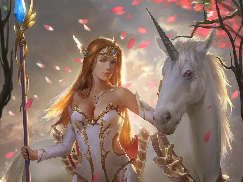 Fantasy Women With Unicorn, fantasy-girls, unicorn, fantasy, artwork, artist, digital-art, HD wallpaper