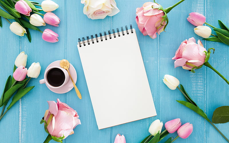 notebook on the table, pink roses, paper notebook, white blank paper, pink flowers, pink tulips, HD wallpaper